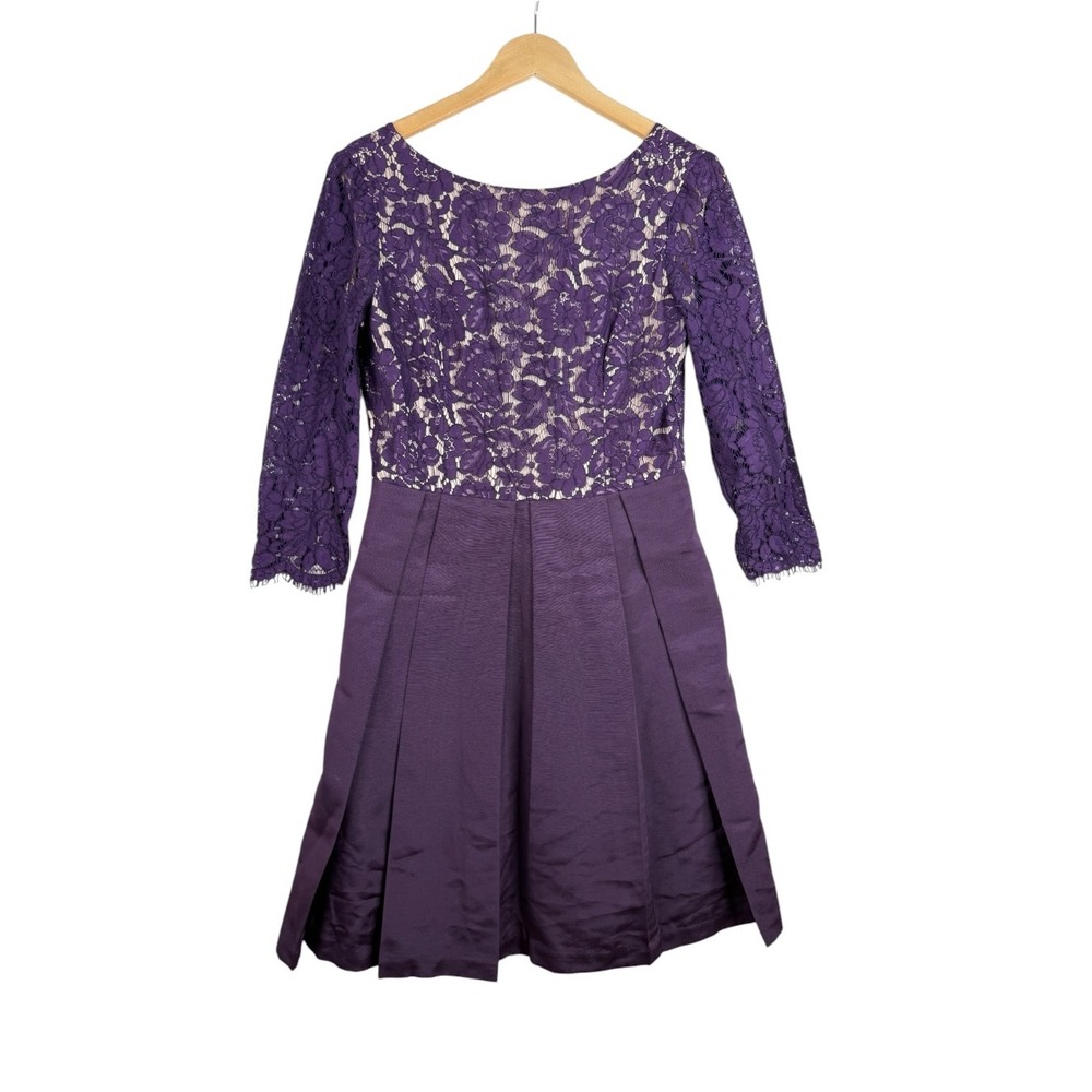 Eliza J Fit and Flare Lace Dress Women's Size 8 Purple Pleated 3/4 Sleeve